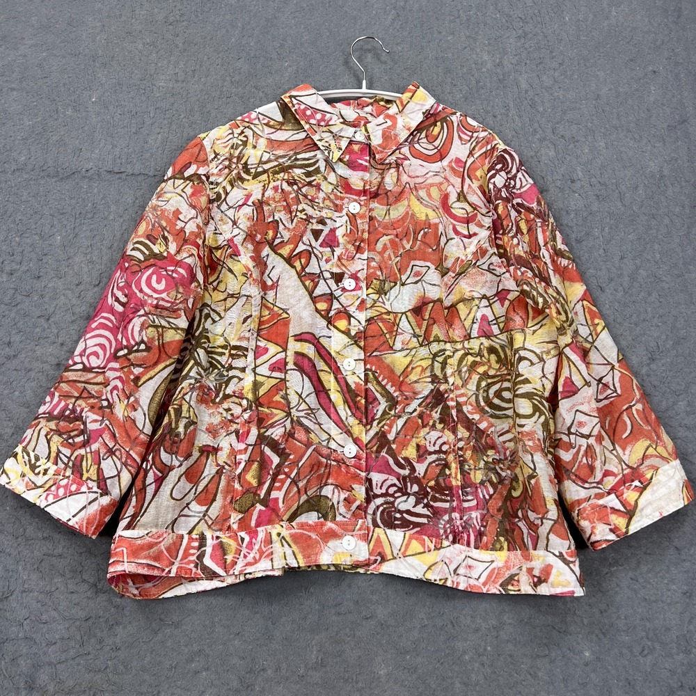 Chicos Blouse Womens 3 Pink Geometric Print Lightweight Button Up Long Sleeve